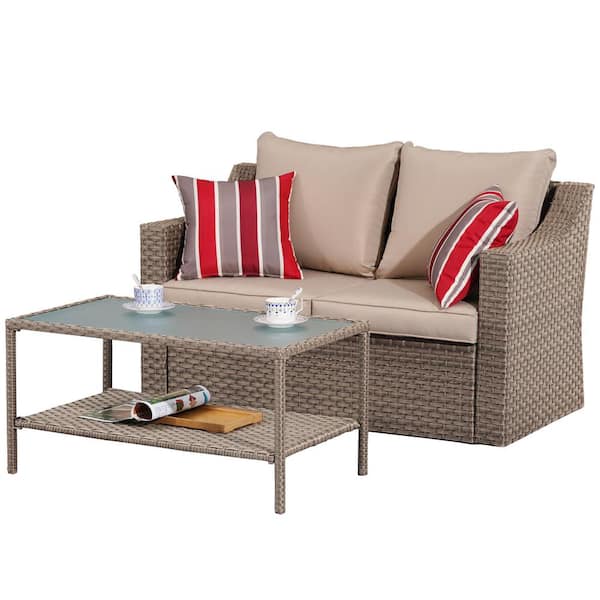 Unbranded 2-Pieces Wicker Outdoor Loveseat with A Rectangle Coffee Table and Brown Cushions