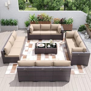 14-Piece Wicker Outdoor Sectional Set with Cushion Sand