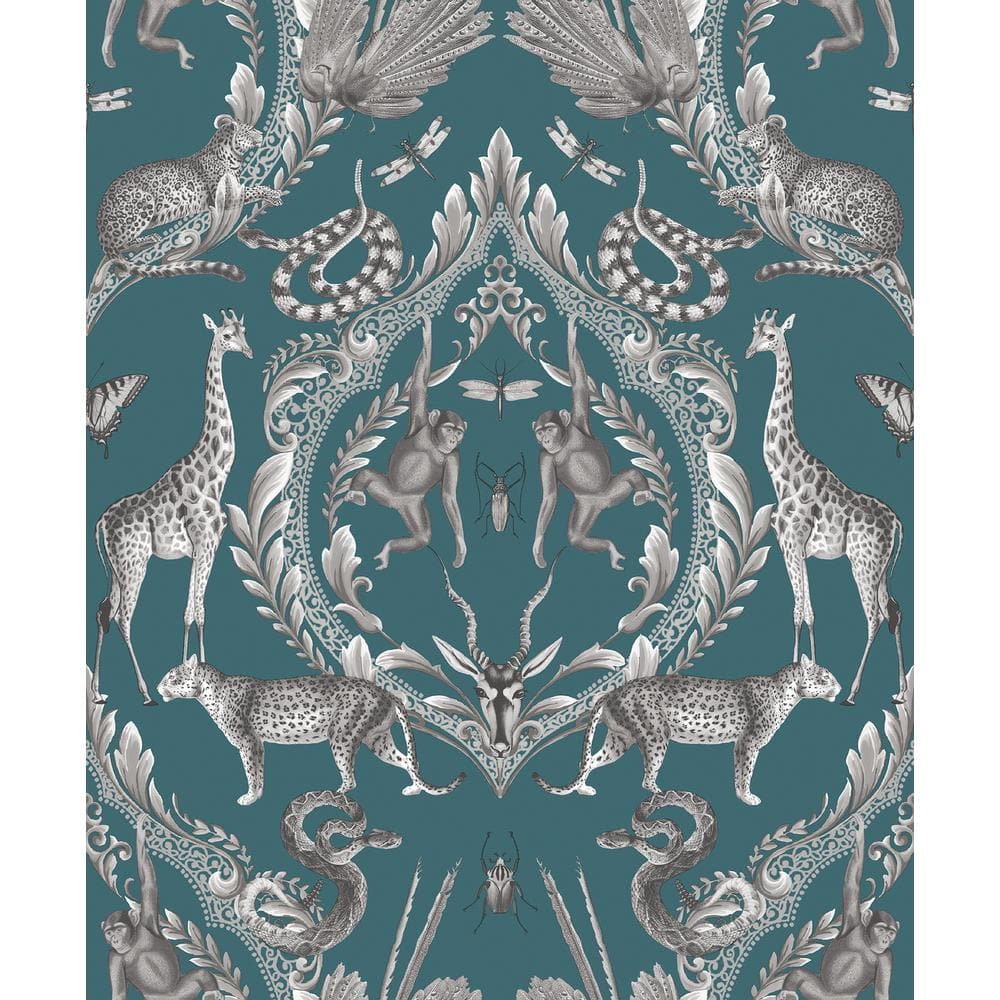 Bazaar Collection Teal / Black / White Animal Menagerie Damask Non-Woven No