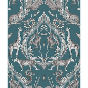 Bazaar Collection Teal / Black / White Animal Menagerie Damask Non-Woven Non-Pasted Wallpaper Roll (Covers 57 sq.ft.)