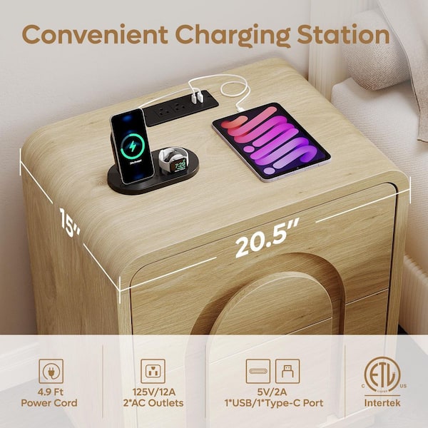 (Set of 2) Modern Curved Natural 24 in. H Nightstands with 2-Storage Drawers