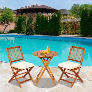 3-Piece Patio Folding Wood Outdoor Bistro Set with Beige Cushion