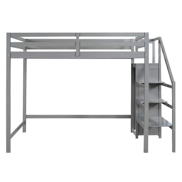 ATHMILE Gray Full Size Loft Bed with Built-in Storage Wardrobe and Staircase