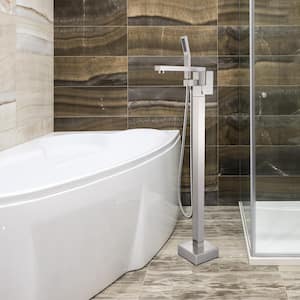Free Standing Tub Faucets with L-Shape Shower in Brushed Nickel, Single Handle Tub Fillers, Floor Mounted, 2.5 GPM