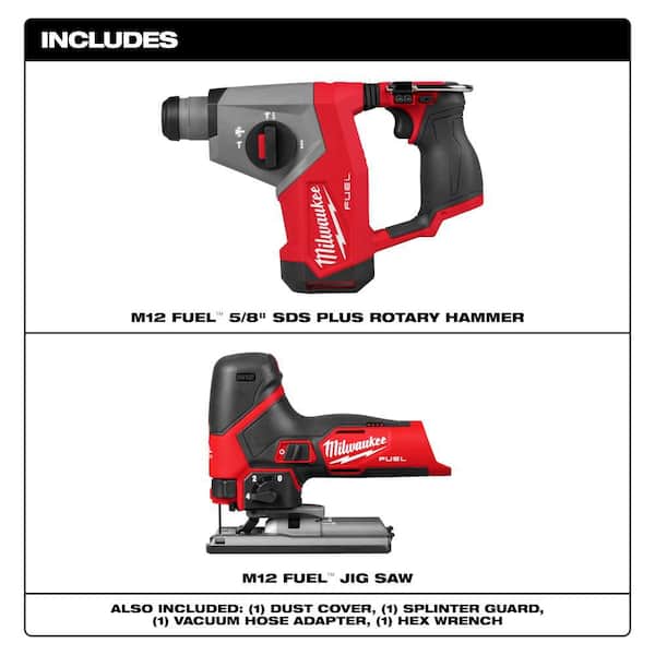 M12 FUEL 12V Lithium-Ion Brushless Cordless 5/8 in. SDS-Plus Rotary Hammer Drill, & Jig Saw