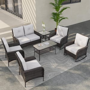 7-Piece Wicker Patio Conversation Set with Beige Cushions -Loveseat, Chairs, Rocking Chairs, Side Table and Coffee Table