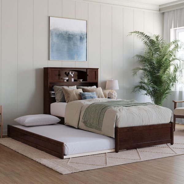 Hadley Walnut Brown Solid Wood Frame Twin XL Platform Bed with Panel Footboard and Twin XL Trundle
