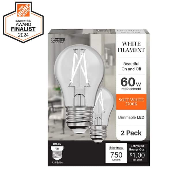 Feit Electric 60-Watt Equivalent A15 Dimmable White Filament CEC Clear Glass E26 LED Ceiling Fan Light Bulb, Soft White 2700K (2-Pack)