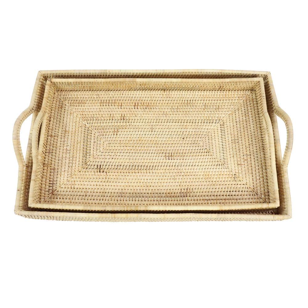 Bohemian Light Brown Rattan Rectangular Tray Set of 2