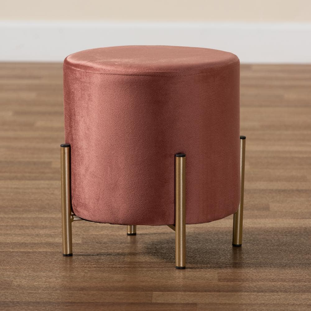 Thurman 11'' Pink Velvet and Gold Metal Round Ottoman