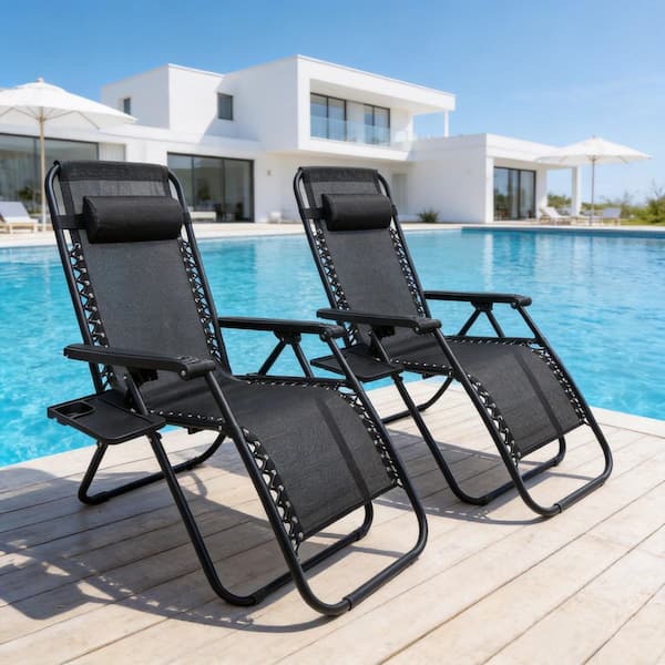 twocorn 2-Pieces Black Steel Folding Recliner Zero Gravity Outdoor