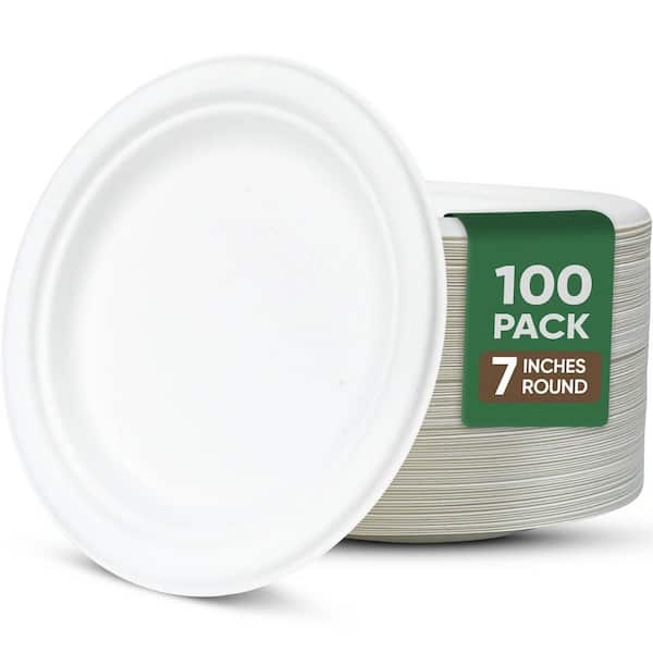 7 in. White Disposable Paper Plates White Family Compostable Leakproof Tableware Plates (100 Pack)