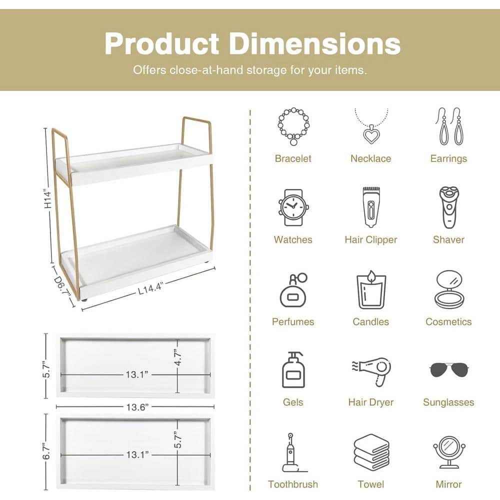 White and Gold 2-Tier Wooden Bathroom Organizer Tray