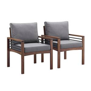Dark Brown Stationary Acacia Solid Wood and Metal Outdoor Club Lounge Chair with Grey Cushions (2-Pack)