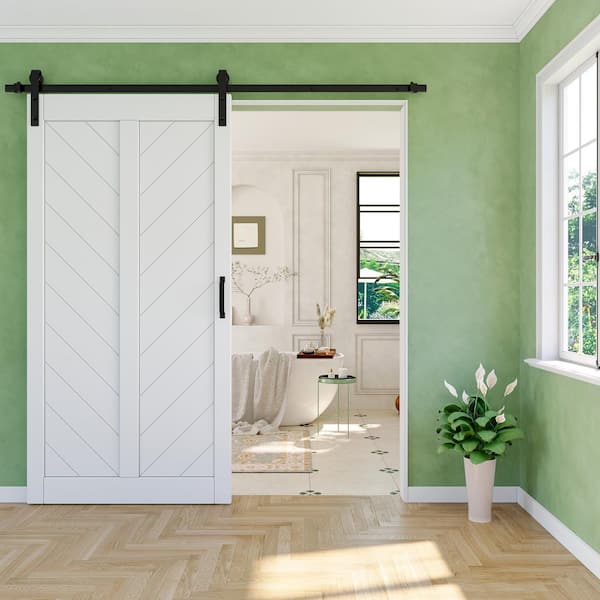 EH PUERTA 42 in. x 84 in. Solid Core Finished White MDF Herringbone Design Barn Door Slab with Hardware