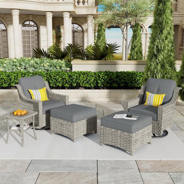 weaxty W Tulip E 5-Piece Wicker Swivel Outdoor Rocking Chairs Patio Conversation Set with Dark Gray Cushions