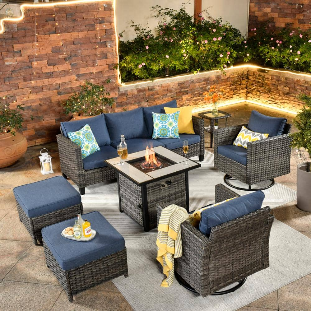 OVIOS New Vultros Gray 7 Piece Wicker Patio Fire Pit Conversation Seating Set with Blue Cushions Swivel Rocking Chairs FPGRS306R The Home Depot