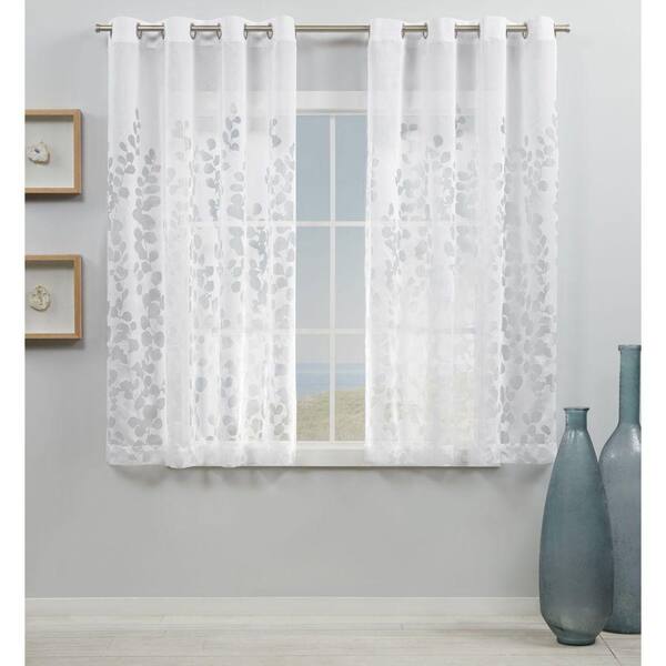 Exclusive Home Curtains Wilshire White Leaf Polyester 54 in. W x 63 in. L Grommet Top, Sheer Curtain Panel (Set of 2)