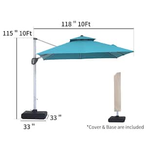 10 ft. Square Aluminum Cantilever Patio Umbrella 360-Degree Rotation Dual Top Steel Ribs with Cover and Base in Blue