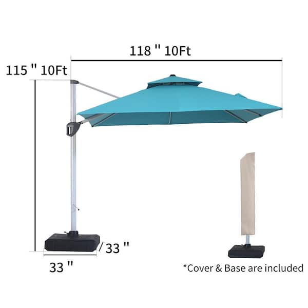 10 ft. Square Aluminum Cantilever Patio Umbrella 360-Degree Rotation Dual Top Steel Ribs with Cover and Base in Blue