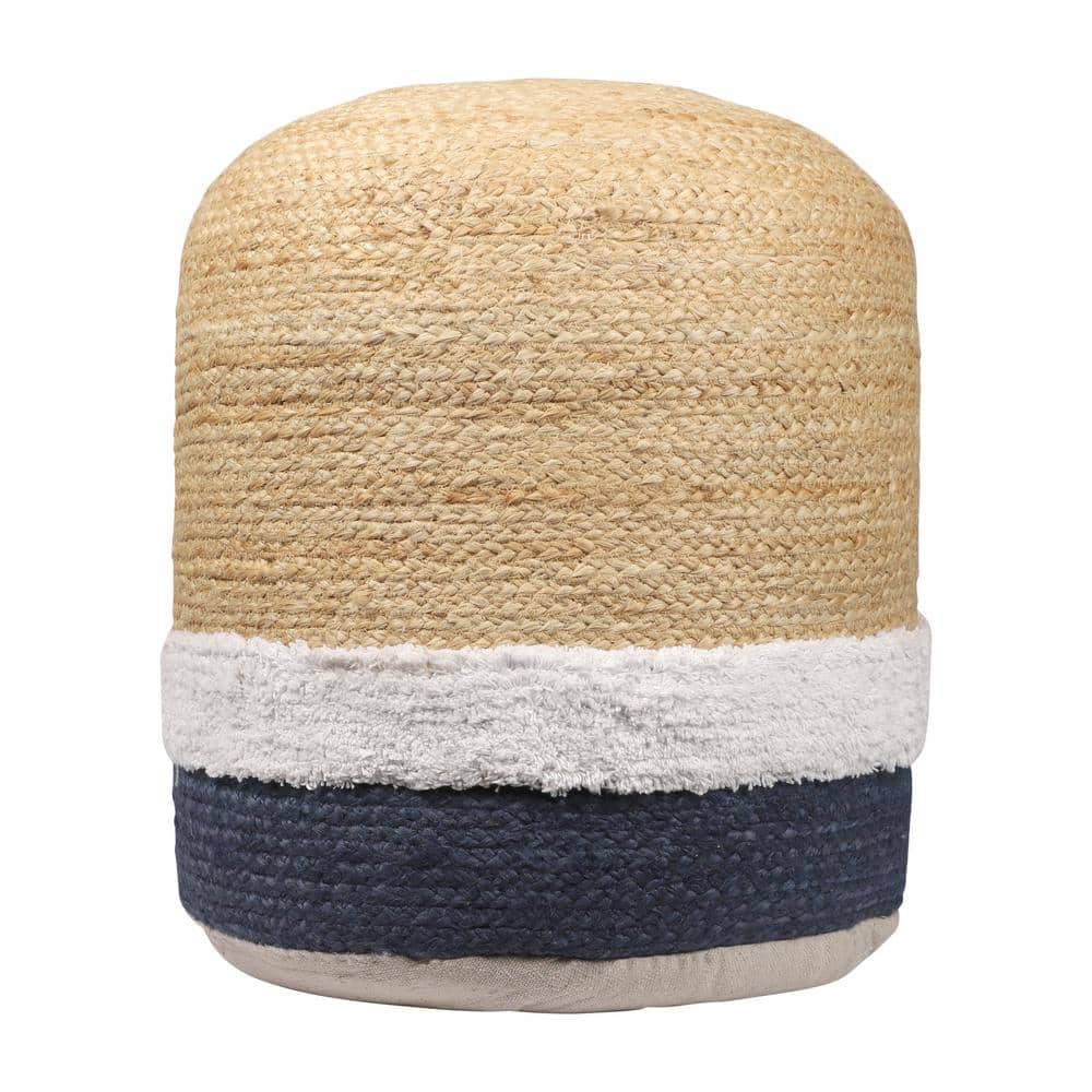 Nautical Coastal Natural/Navy Striped Indoor Hand Made Jute Pouf
