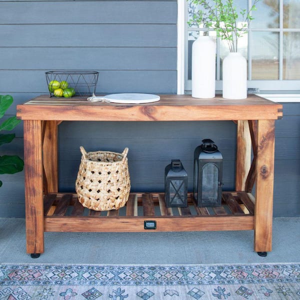 Backyard Discovery 48 in. W x 24 in. H Light Brown Acaia Wood Indoor/Outdoor Console Table with Slat Storage Shelf