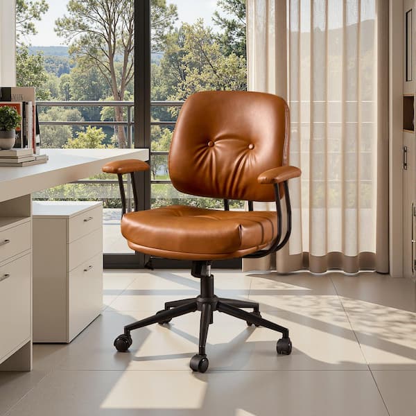 Skro PU Fabric Swivel Ergonomic Office Task Chair in Light Brown with Recliner and Lumbar Support Adjustable Arms