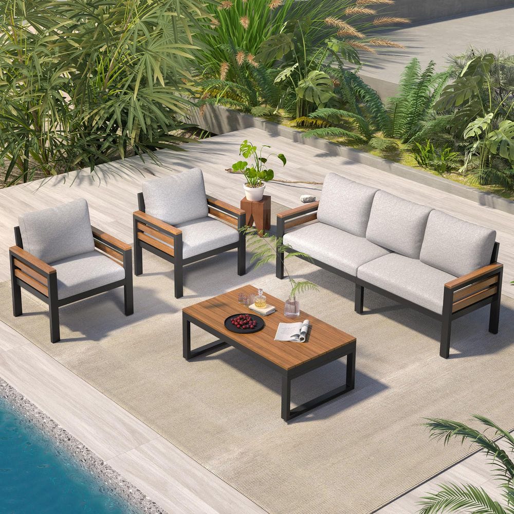 4-piece metal outdoor patio conversation furniture set with solid wood coff