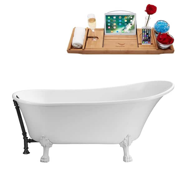 Streamline 55 in. Acrylic Clawfoot Non-Whirlpool Bathtub in Glossy White With Glossy White Clawfeet And Matte Black Drain