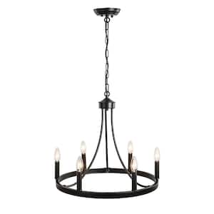 Romyn 6-Light Black Farmhouse Candle Style Wagon Wheel Chandelier for Living Room Kitchen Island Dining Room Foyer