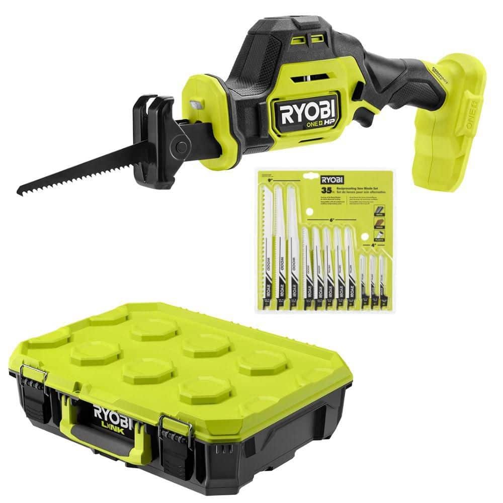 Ryobi ONE+ HP 18V Brushless Compact One-Handed Recip Saw (Tool Only) w/ LINK Standard Tool Box & Recip Blade Set (35-Pc)