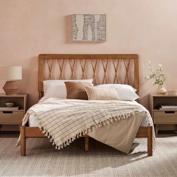 Walker Edison Furniture Company Modern Brown Solid Wood Frame Full Platform Bed with Geometric X Design Headboard