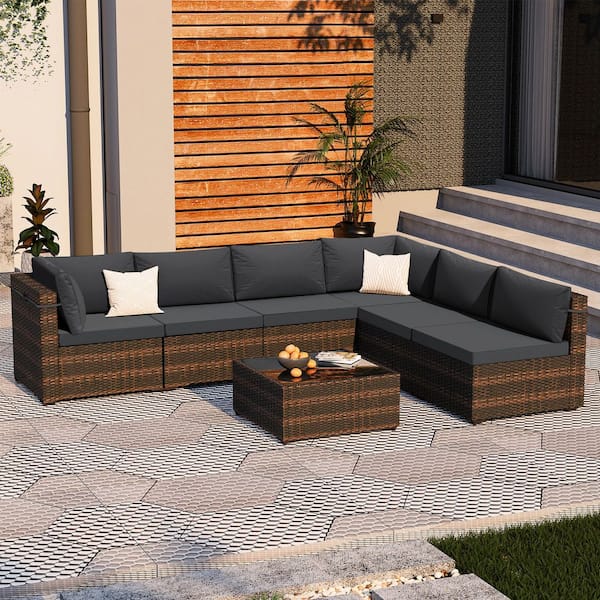 7-Piece Wicker Outdoor Patio Conversation Sectional Seating Set with Dark Gray Cushions