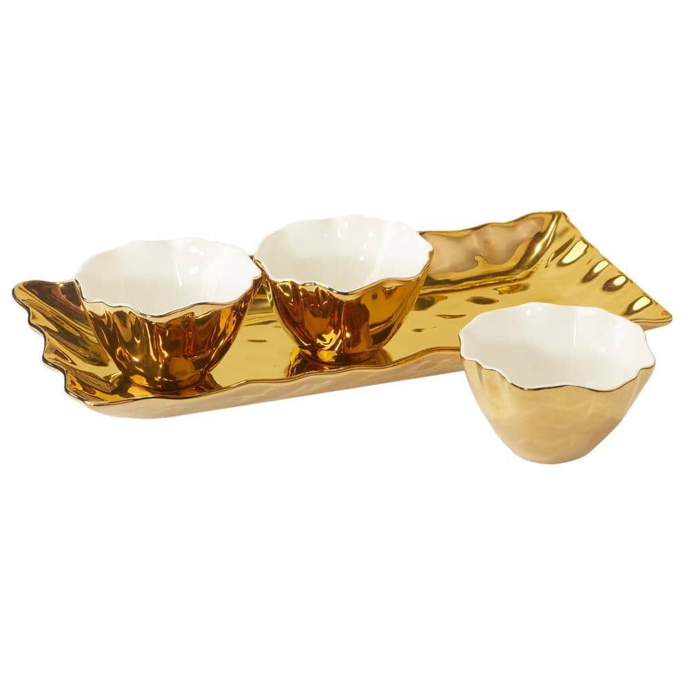 Gold Coast 4-Piece Scalloped Ceramic Tray and Bowls Set