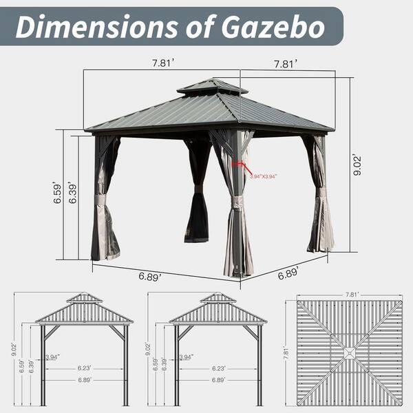 Grey Aluminum 8 ft. x 8 ft. Hardtop Gazebo with Galvanized Steel
