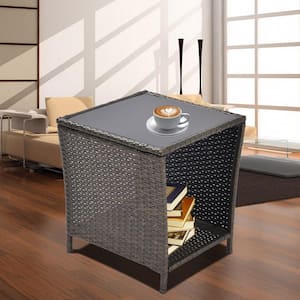Outdoor Patio Furniture Bistro Table with Storage Shelf, All Weather PE Rattan and Steel Frame in Black