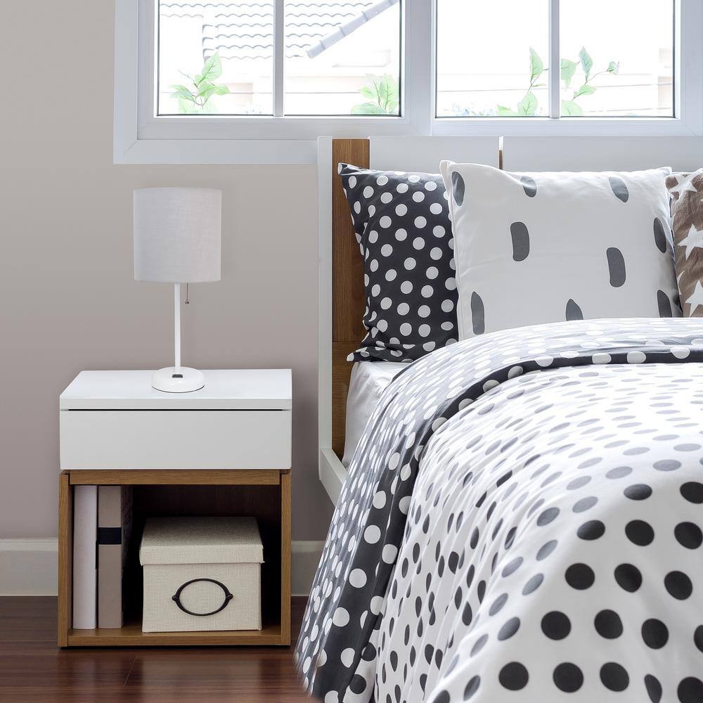 White Stick Lamp with Gray Fabric Shade and Charging Outlet