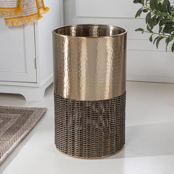 Asher Modern 4.13 Gal. 2-Tone Faux Wicker/Metal Cylinder Waste Basket, Bronze/Coffee
