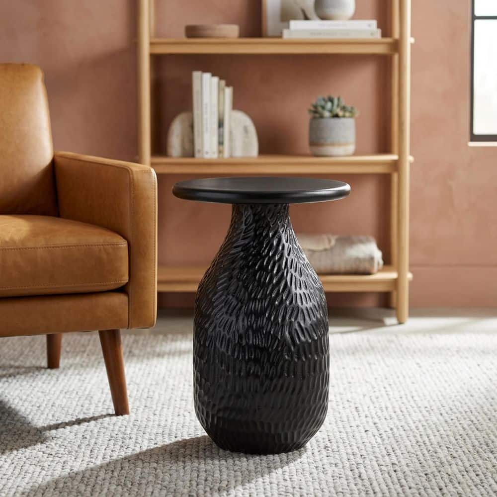 14.2 in. W x 20.1 in. H Black Finish Round Shape Wood Top End Table