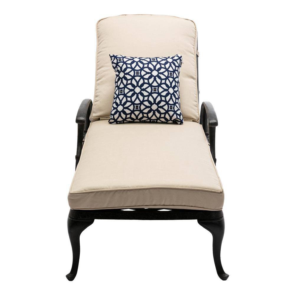 Black Cast Aluminum Outdoor Chaise Lounge Chair with Beige Cushion and Pill