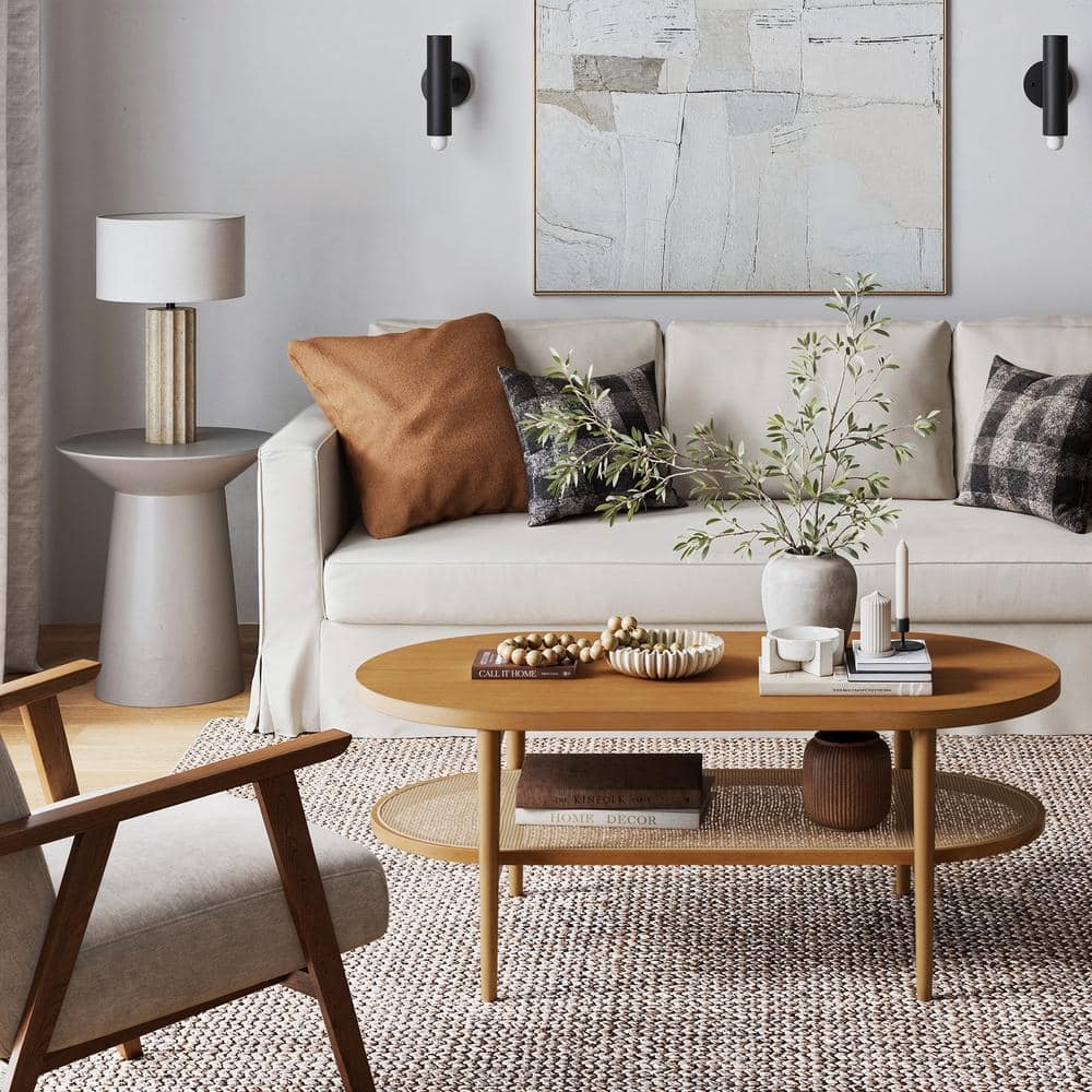 Honey Brown Oval Wood Coffee Table with Storage Shelf