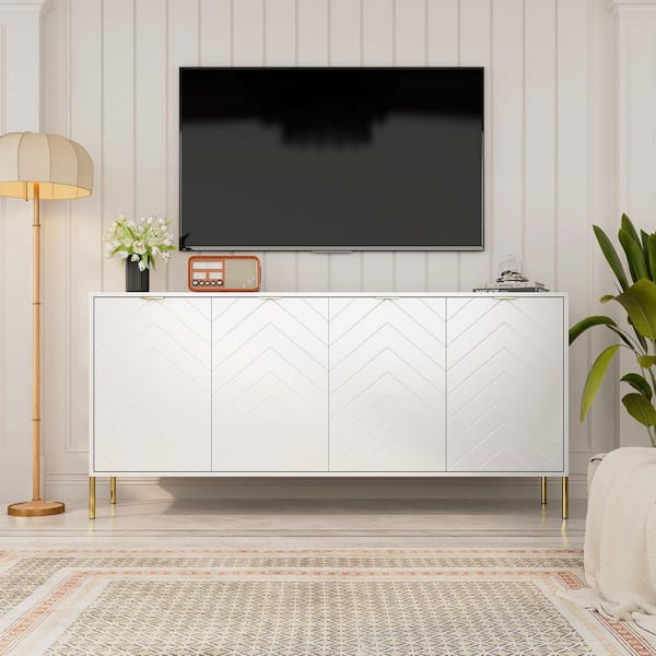  Deluxe White 30 in. H 4-Door Storage Cabinet with Carved Design Metal Pulls Adjustable Shelves Large Capacity