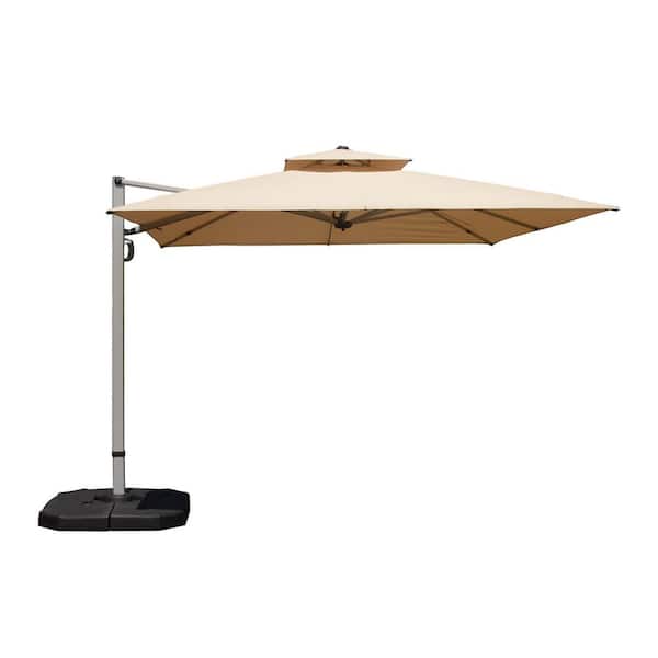 10 ft. Metal 360° Rotation Folding Square Cantilever Patio Umbrella in Beige w/Center Pole and Foot Pedal, Base Uncluded