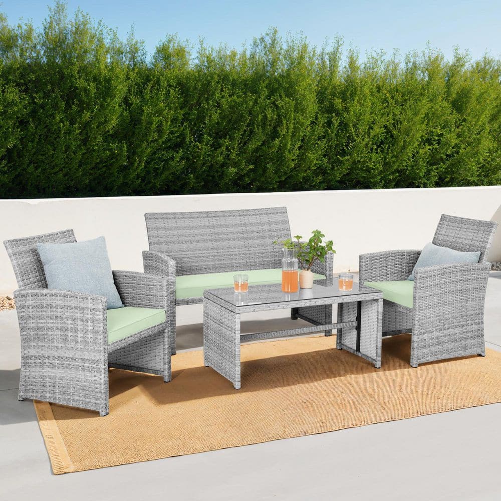 Gray Wicker 4-Piece Patio Conversation Set with Light Mint Cushions