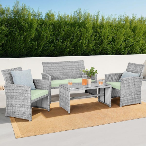 Gray 4-Piece Wicker Patio Conversation Set with Light Mint Cushions, 4-Seats, Tempered Glass Table Top