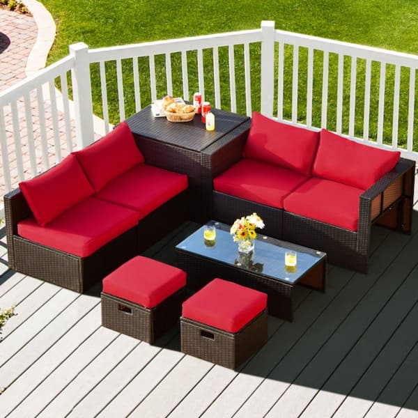 8 Pieces Patio Rattan Furniture Set with Storage Box, Waterproof Cover and Cushions in Red