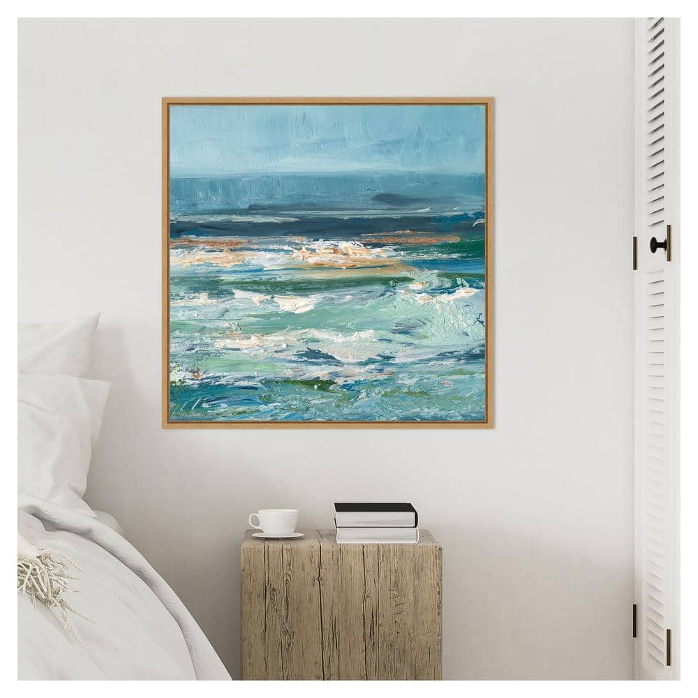 Pacific Whitecaps II Coastal Abstract Canvas Wall Art with Maple Frame