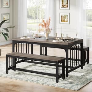 Alan 3-Piece Gray Wood Dining Table Set with Bench Seats 4-6