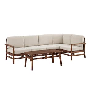 Dark Brown 6-Piece Acacia Modern Patio Corner Sectional Seating Conversation Set with Ivory Cushions