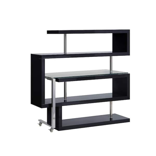 Acme Furniture Buck II 24 in. L-Shaped Clear Glass, Chrome and Black High Gloss Wood Writing Desk with Shelves